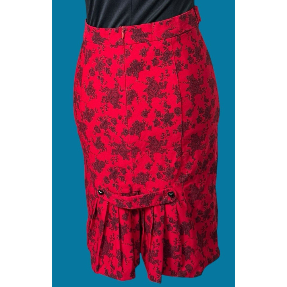 VOODOO VIXEN Retro Red & Black Floral Knee-Length Stretchy Wiggle Skirt, Pinup - Picture 6 of 14
